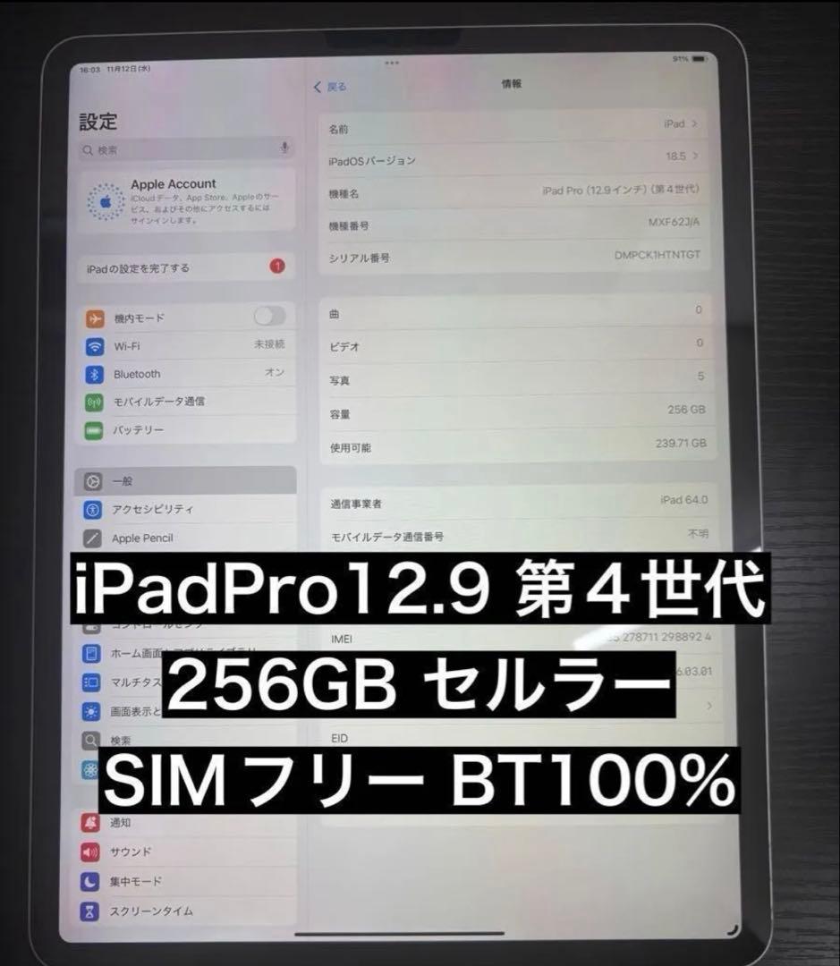 iPad Pro 12.9 第4世代 256GB セルラー iPad Pro 12.9-inch (第4世代) - 技術仕様 - Apple サポート (日本)